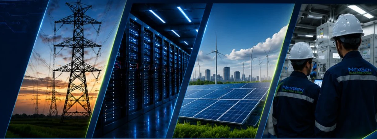 Transmission tower at dusk, a data center cold aisle, a solar array with wind turbines, and NexGen engineers at a switchgear panel